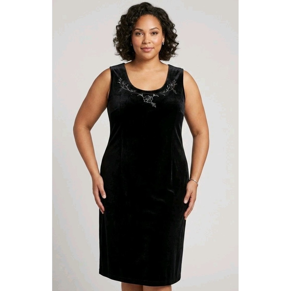 Vintage 90s Danielle Casey Black Velvet Embroidered Rose Dress Plus Size 22